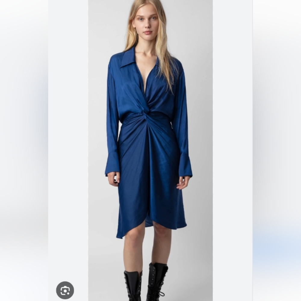 Zadig & Voltaire Rozo Navy Blue Satin Twist Long Sleeve Dress Women's Sz XS New